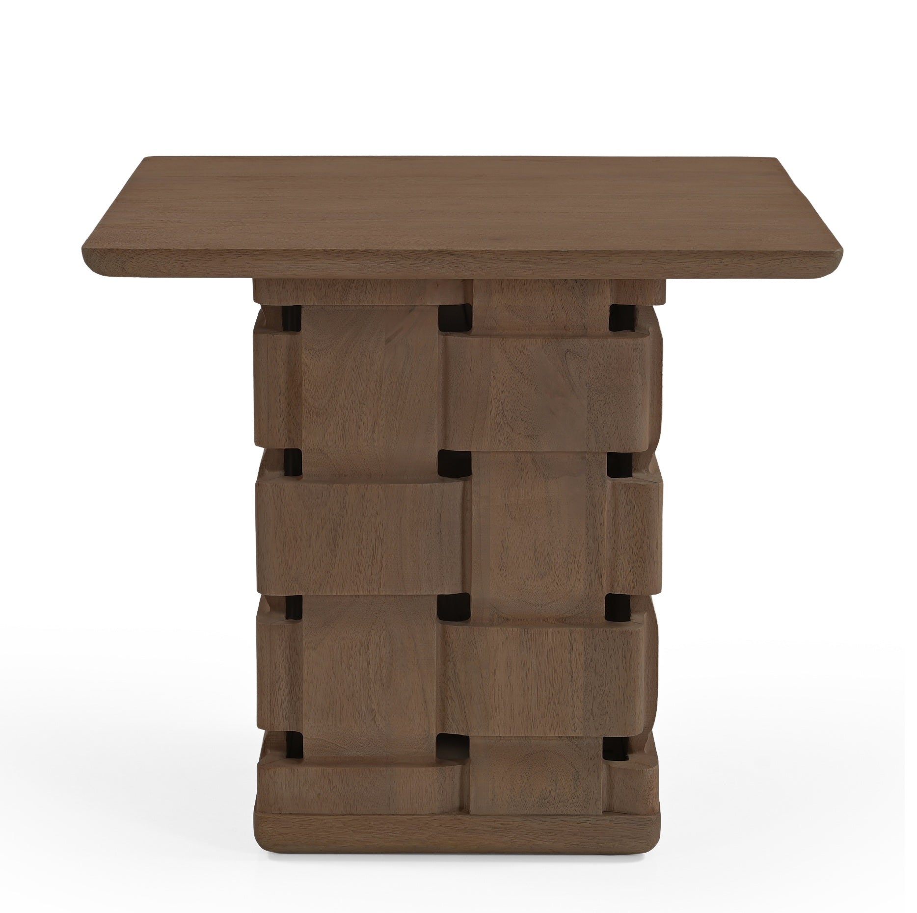 Front view of the Trellyn accent table featuring a smooth square tabletop and a unique architectural base with a hand-carved woven texture in a warm wood finish