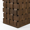 Close-up shot focusing on the high-quality craftsmanship and rhythmic vertical pattern of the carved woven wood base