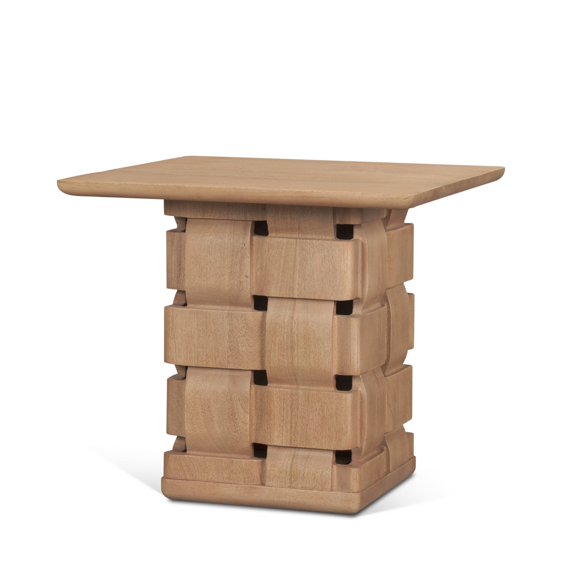 Front view of the Trellyn accent table featuring a smooth square tabletop and a unique architectural base with a hand-carved woven texture in a warm wood finish