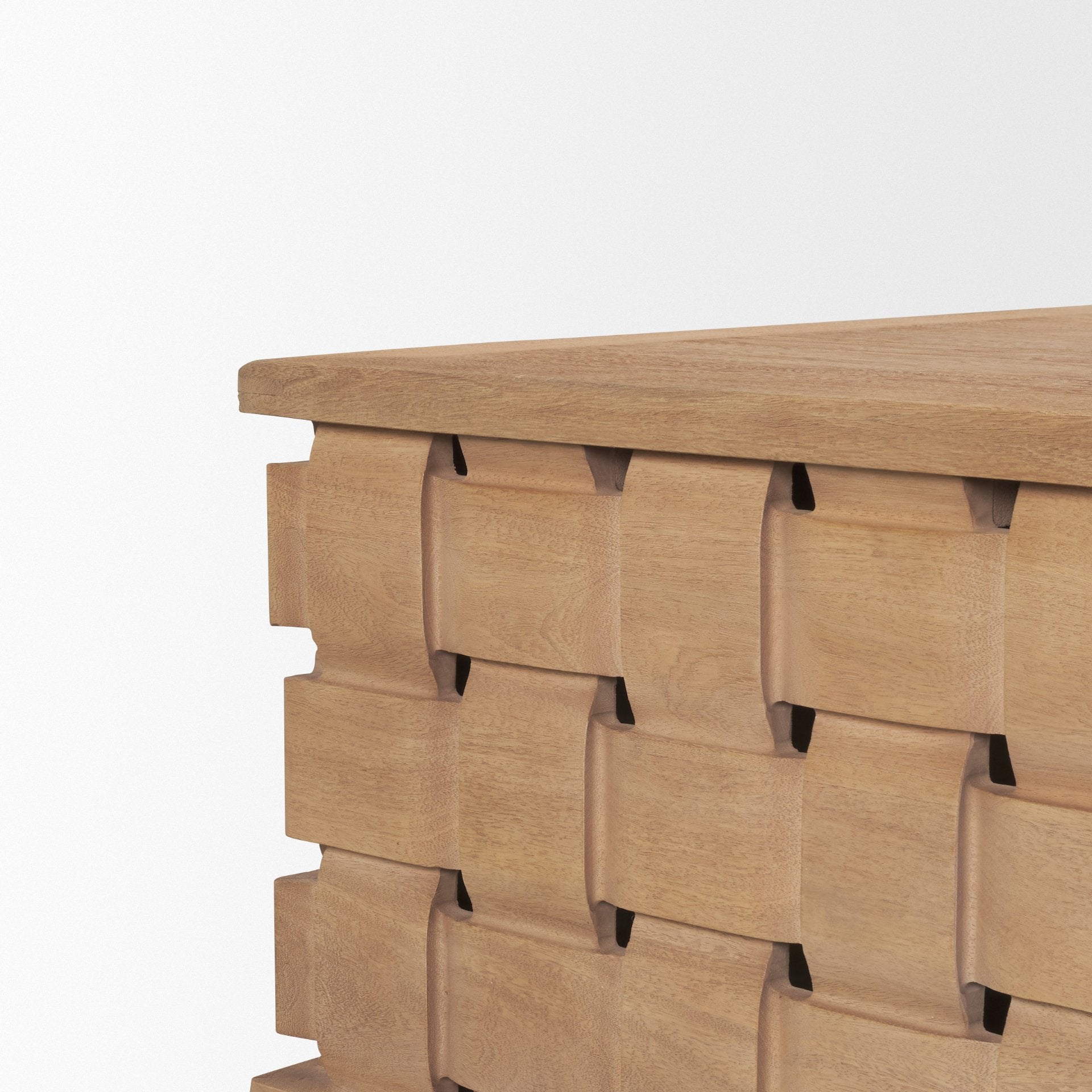 Detailed view of the table corner highlighting the seamless joinery and organic beauty of the natural wood finish
