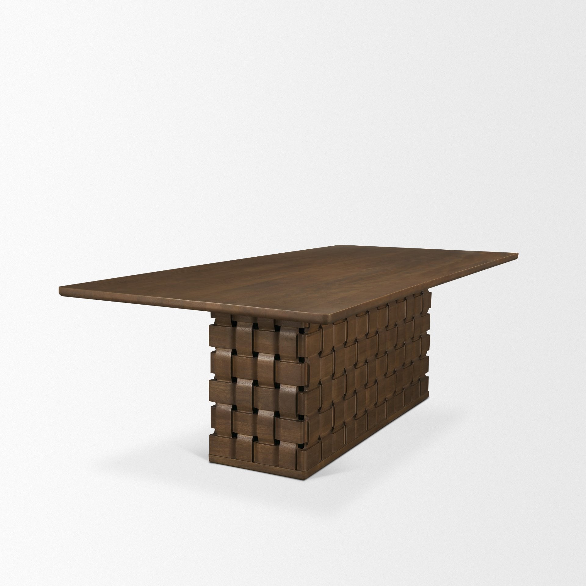 Front view of the 94 inch Trellyn solid wood dining table featuring a thin rectangular top and a decorative carved woven pedestal base