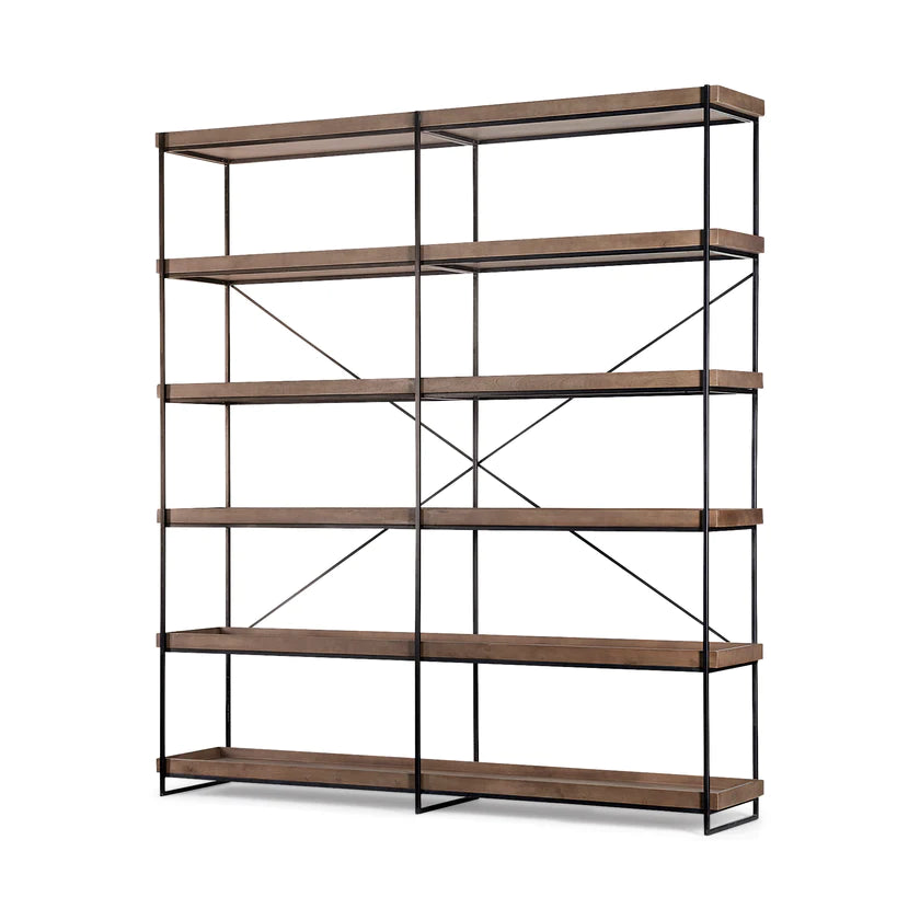 Perspective view of the Trey IV double-wide shelving unit featuring five tiers of medium brown wood trays on a slim black iron frame
