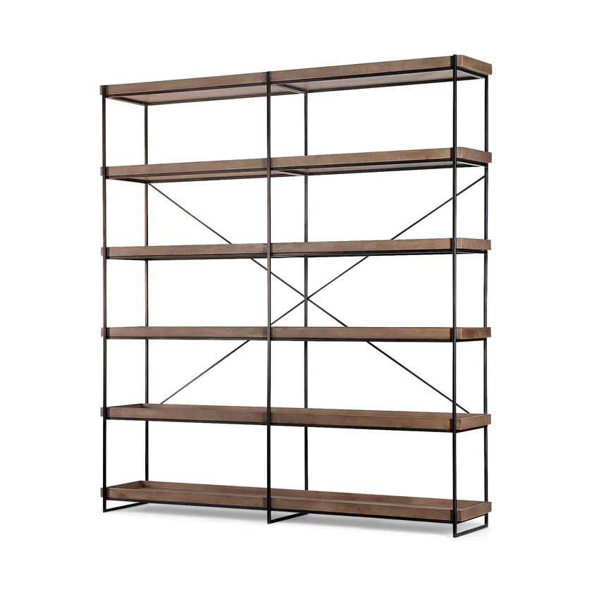 Perspective view of the Trey IV double-wide shelving unit featuring five tiers of rustic wood trays on a slim black metal frame