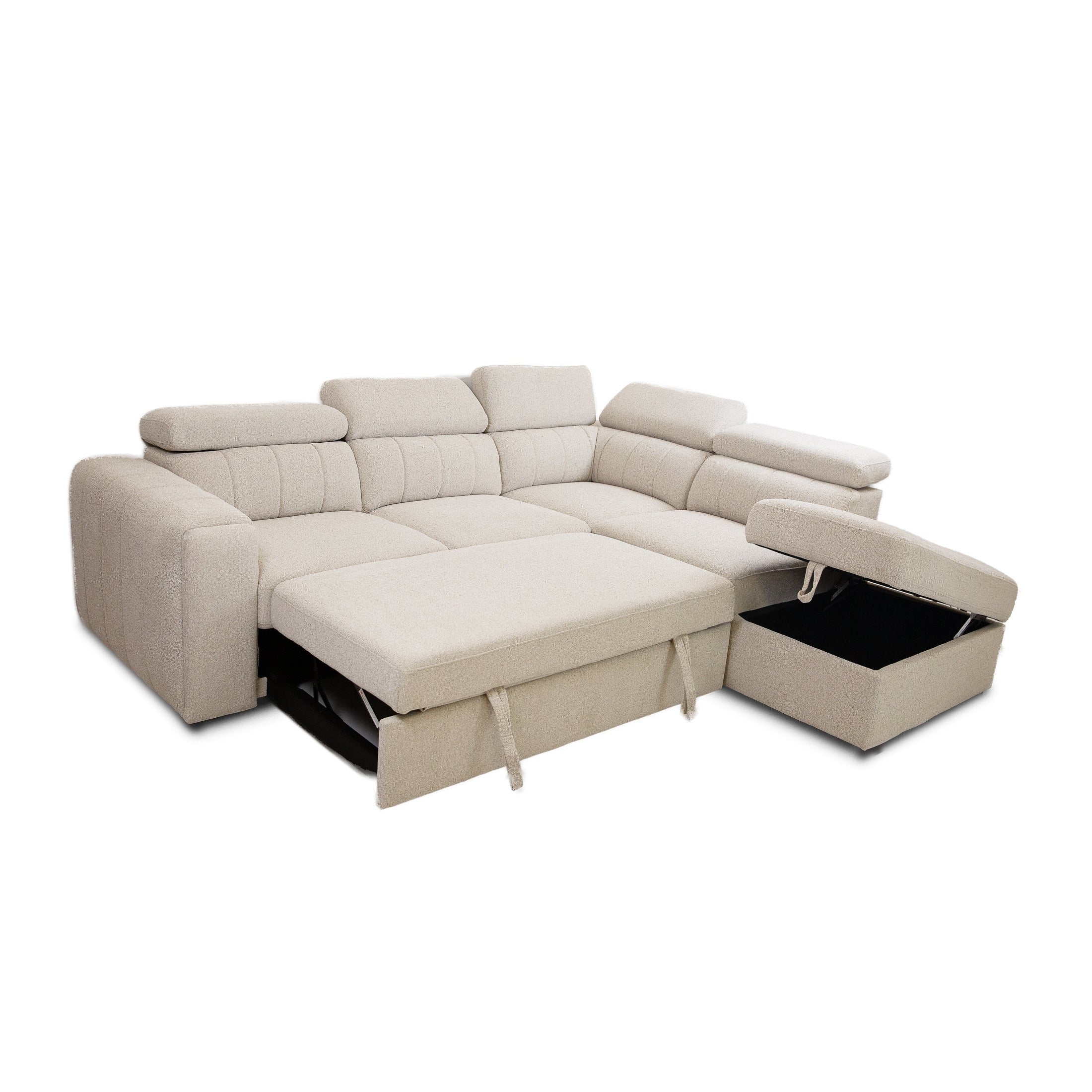 Front view of the Tristan Sleeper Sectional in Fritillary cream fabric with adjustable headrests and storage ottoman