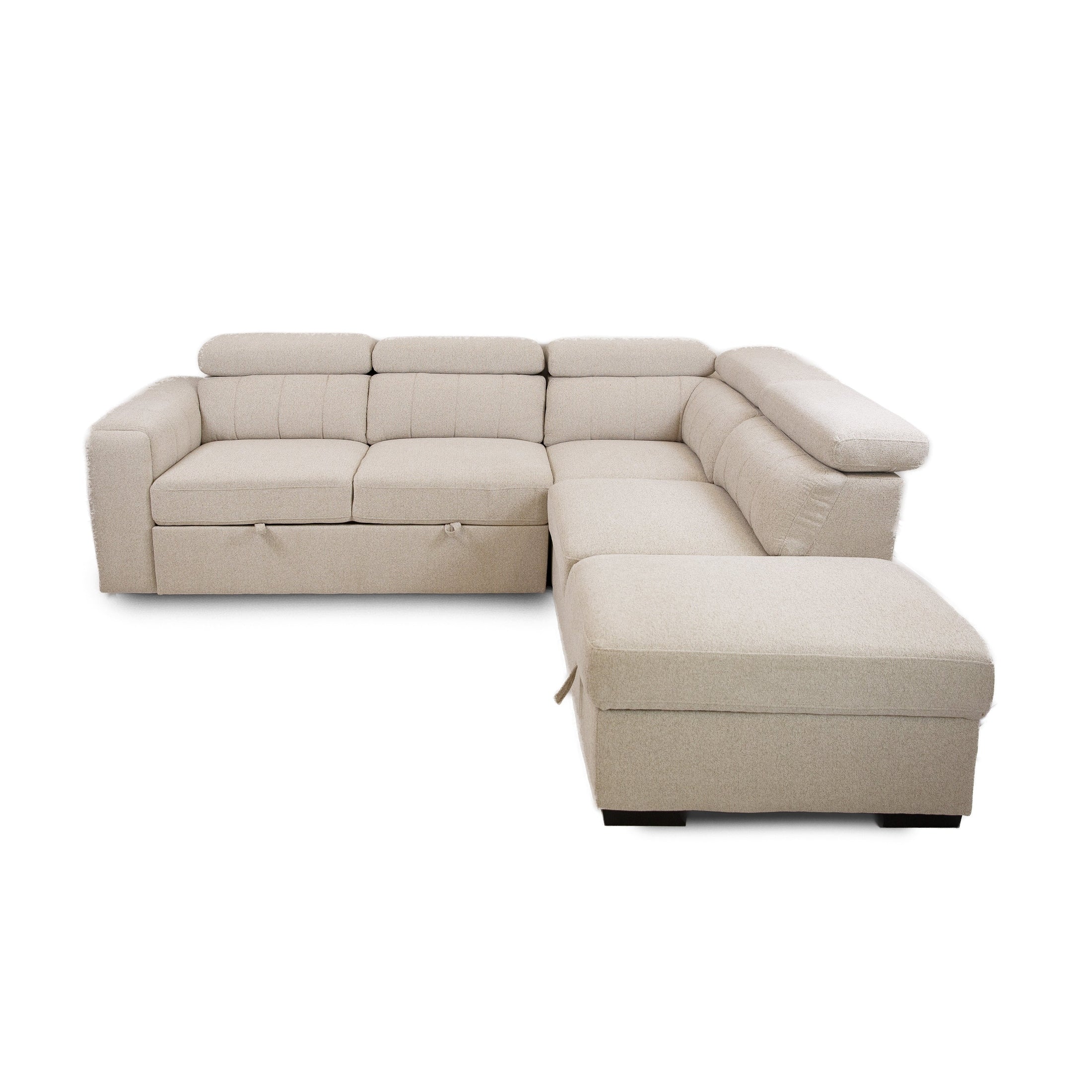 Front view of the Tristan Sleeper Sectional in Fritillary cream fabric with adjustable headrests and storage ottoman