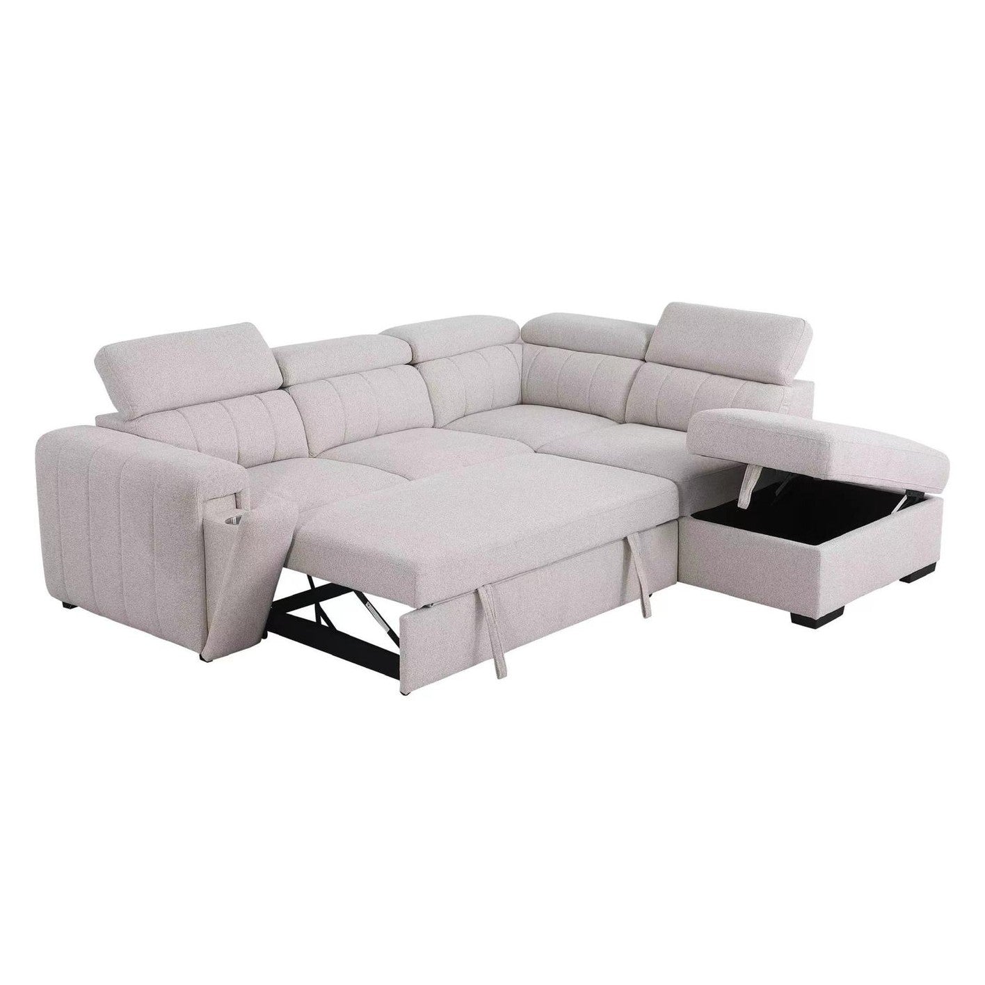 Front view of the Tristan Sleeper Sectional in Fritillary cream fabric with adjustable headrests and storage ottoman