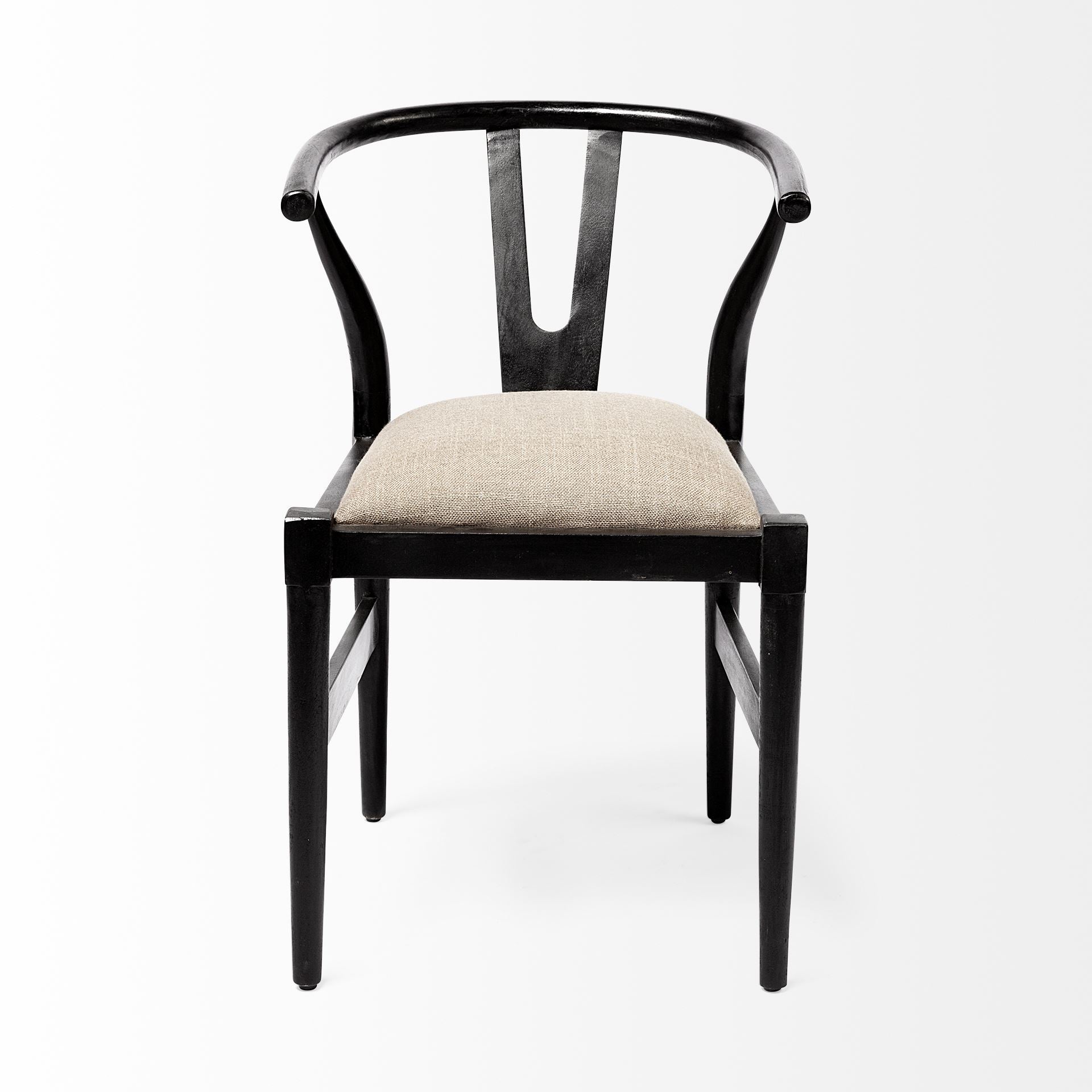Front view of the Trixie I dining chair featuring a black-finished wooden frame with a curved wishbone-style backrest and dark taupe fabric seat