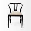 Front view of the Trixie I dining chair featuring a black-finished wooden frame with a curved wishbone-style backrest and dark taupe fabric seat