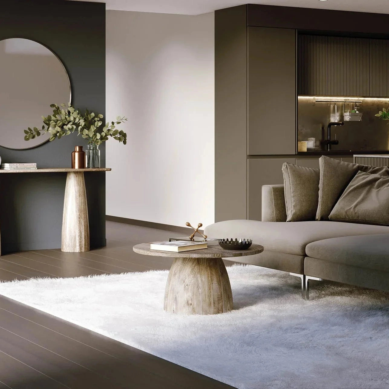 Front view of the Truffle coffee table featuring a circular top and a thick dome-shaped pedestal base in a light natural oak finish