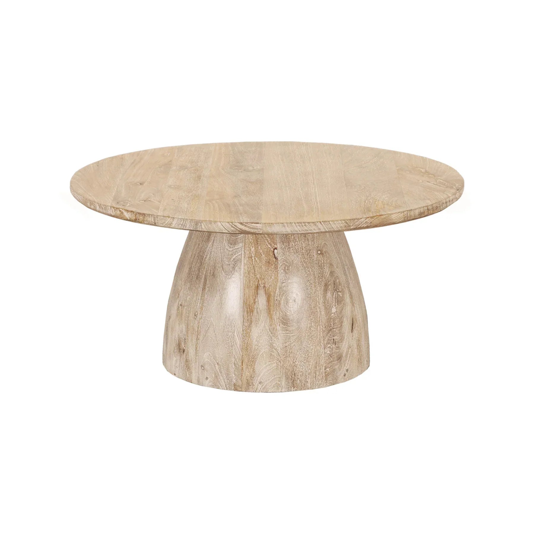 Front view of the Truffle coffee table featuring a circular top and a thick dome-shaped pedestal base in a light natural oak finish