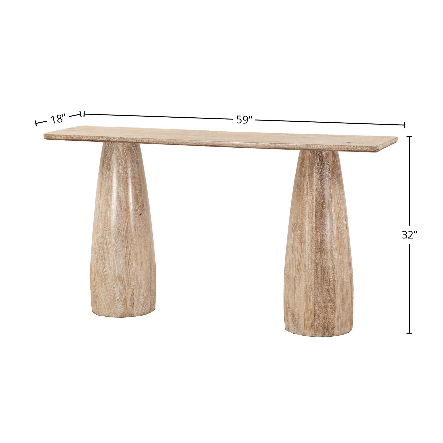 Front view of the Truffle console table in natural light mango wood featuring two large architectural pillar-style legs