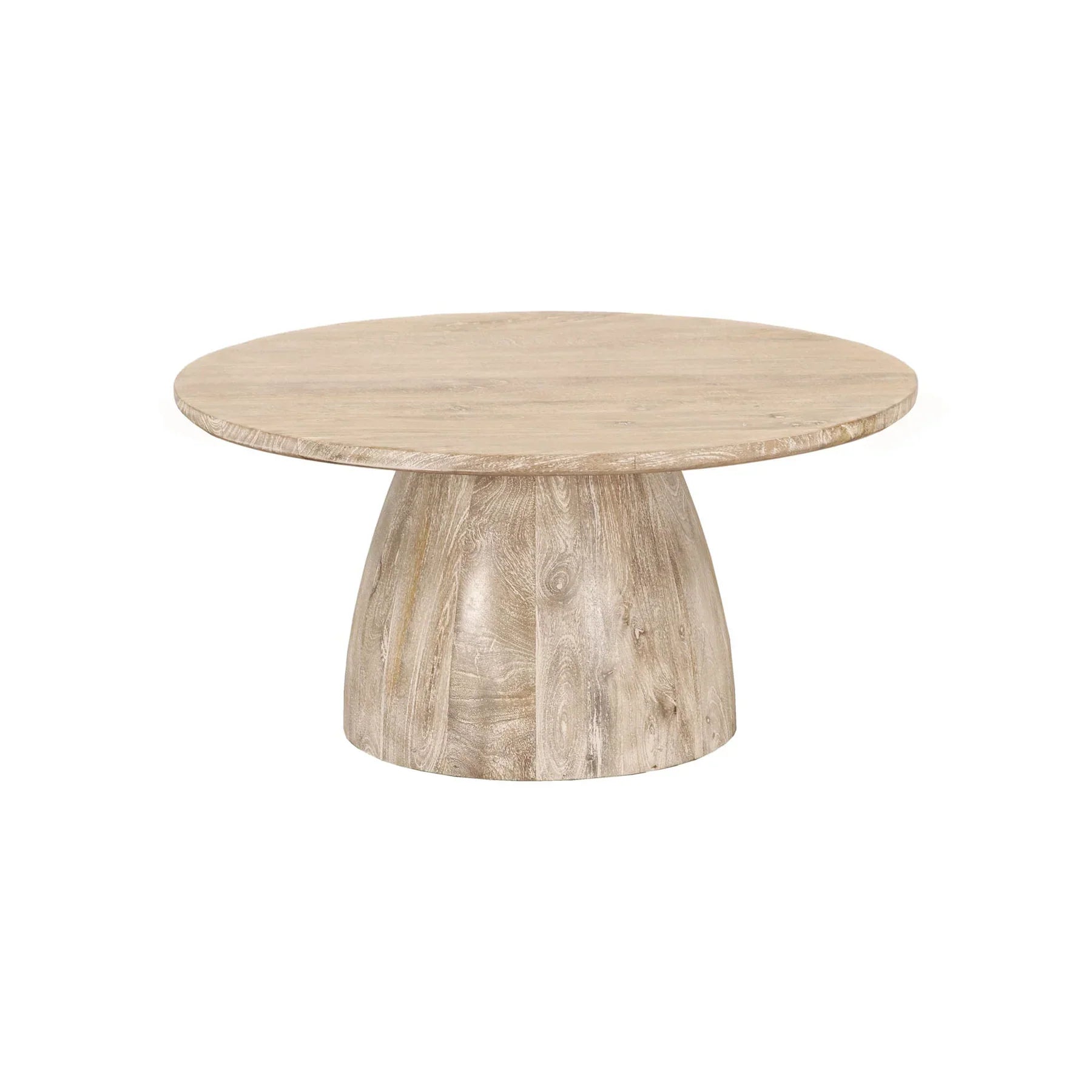 Front view of the Truffle coffee table featuring a circular top and a thick dome-shaped pedestal base in a light natural oak finish
