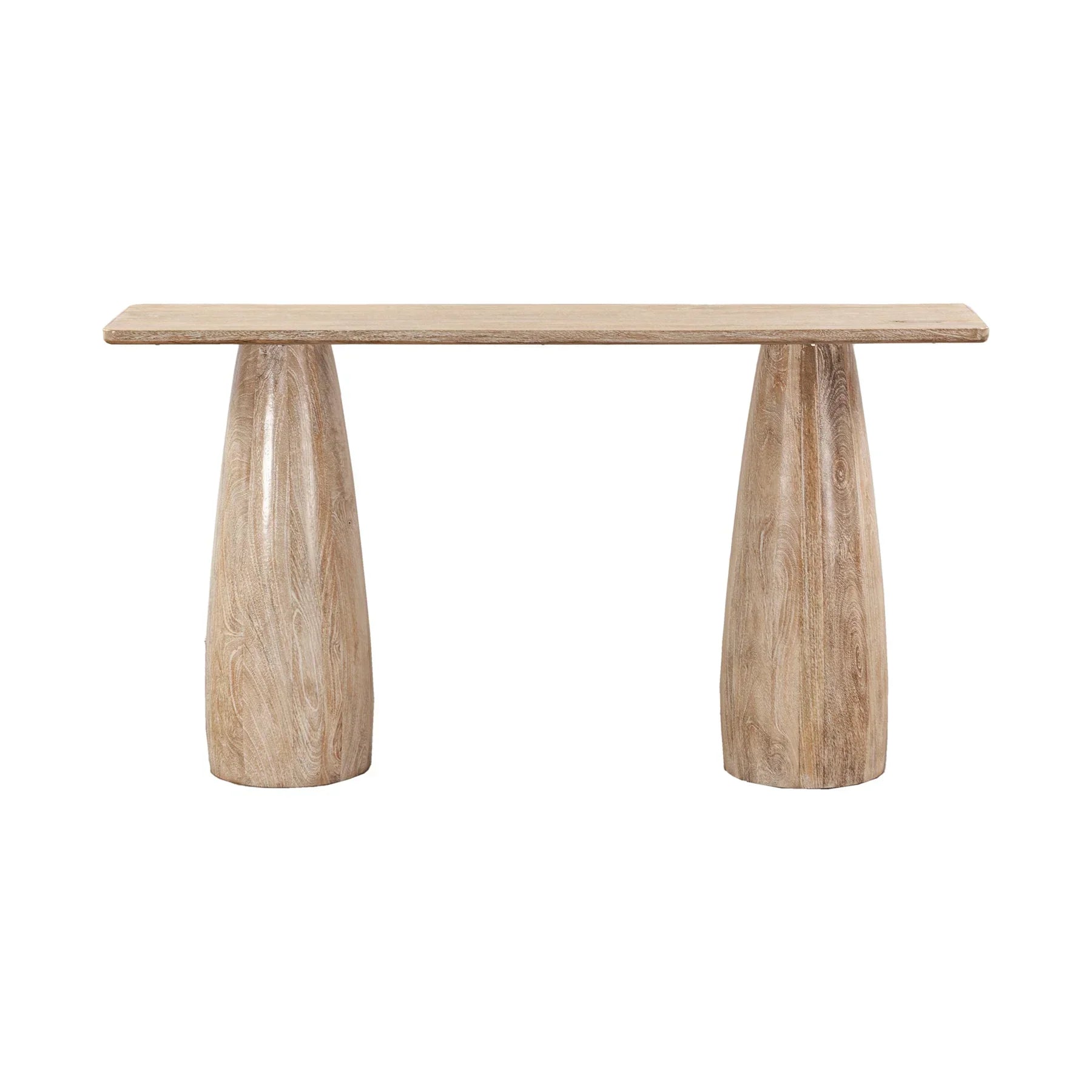 Front view of the Truffle console table in natural light mango wood featuring two large architectural pillar-style legs