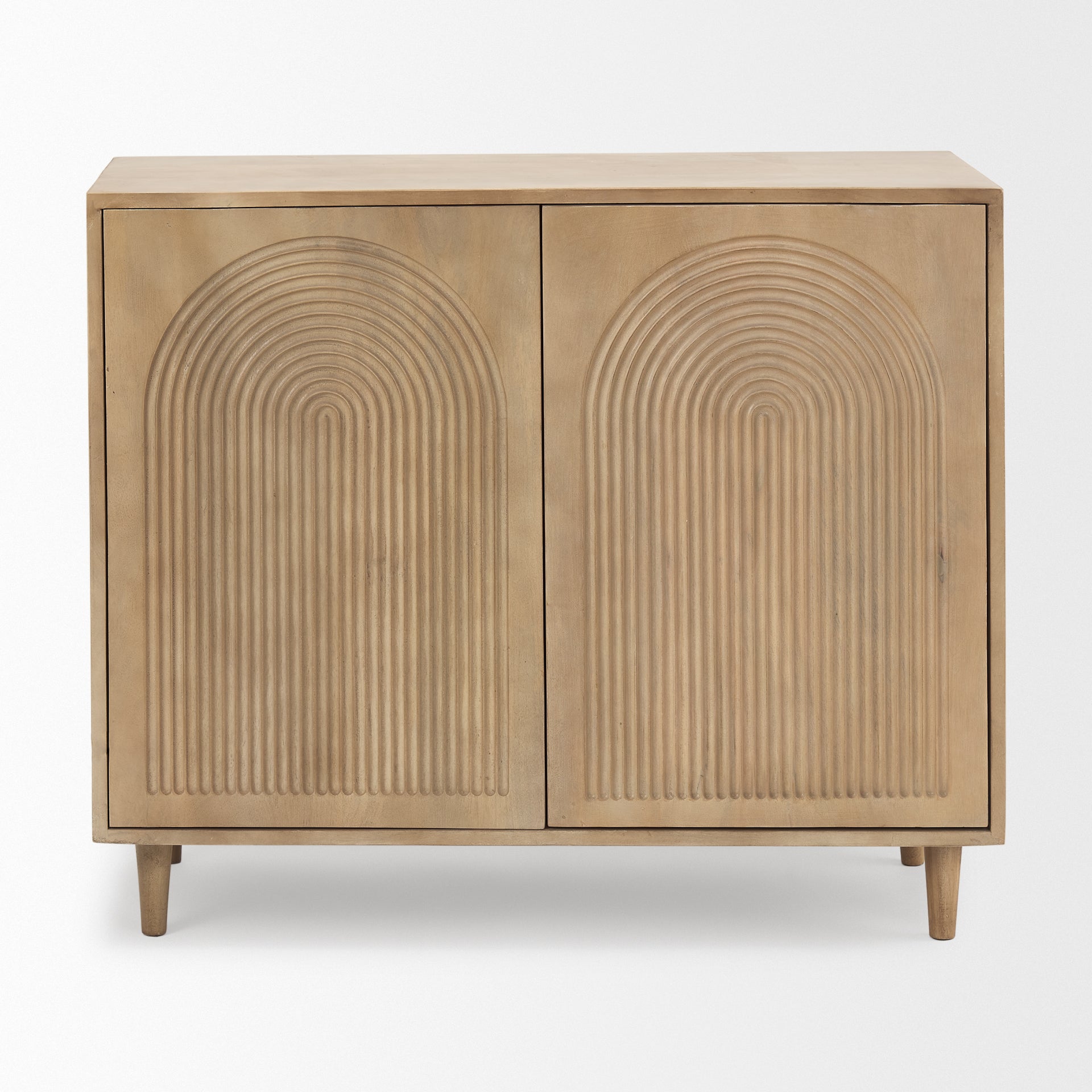 Front view of Tucker 2 door accent cabinet in light natural wood finish
