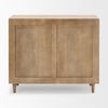 View of the solid wood back panel on the natural Tucker accent cabinet