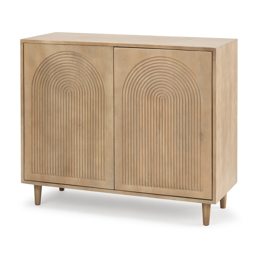 Tucker accent cabinet in light natural wood with carved arch door patterns