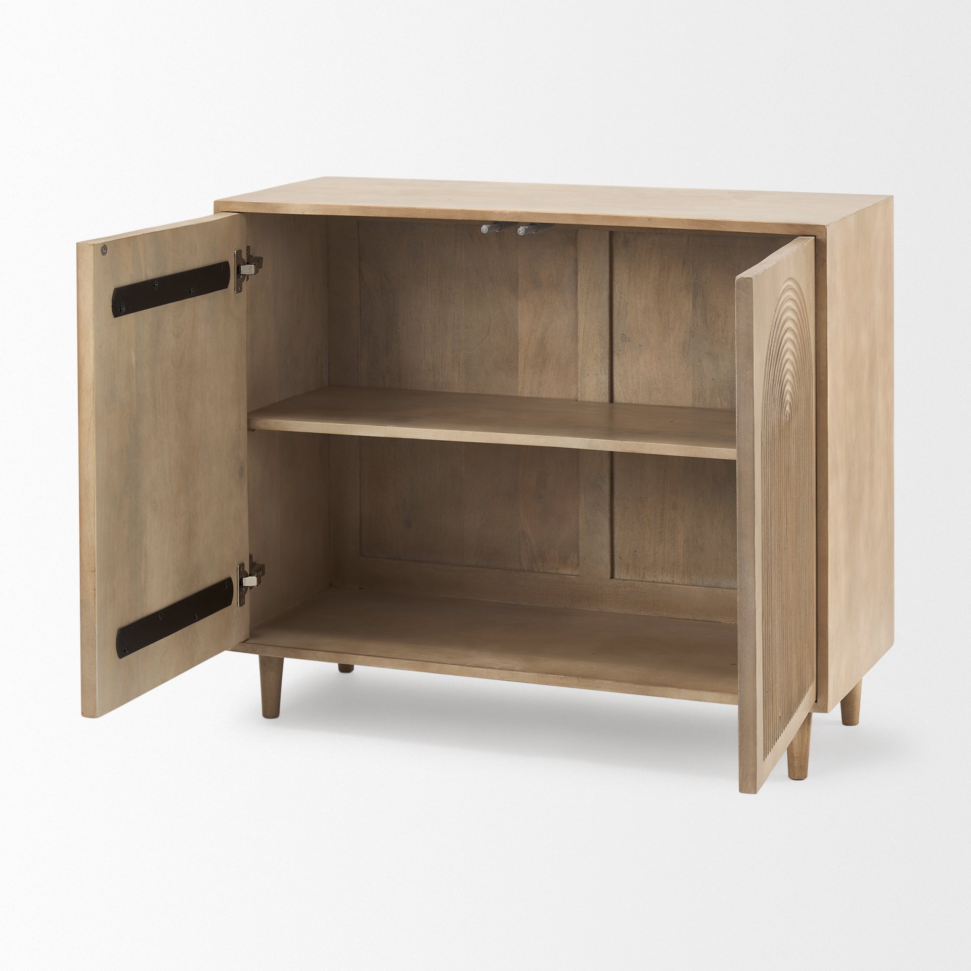 Front view of Tucker 2 door accent cabinet in light natural wood finish