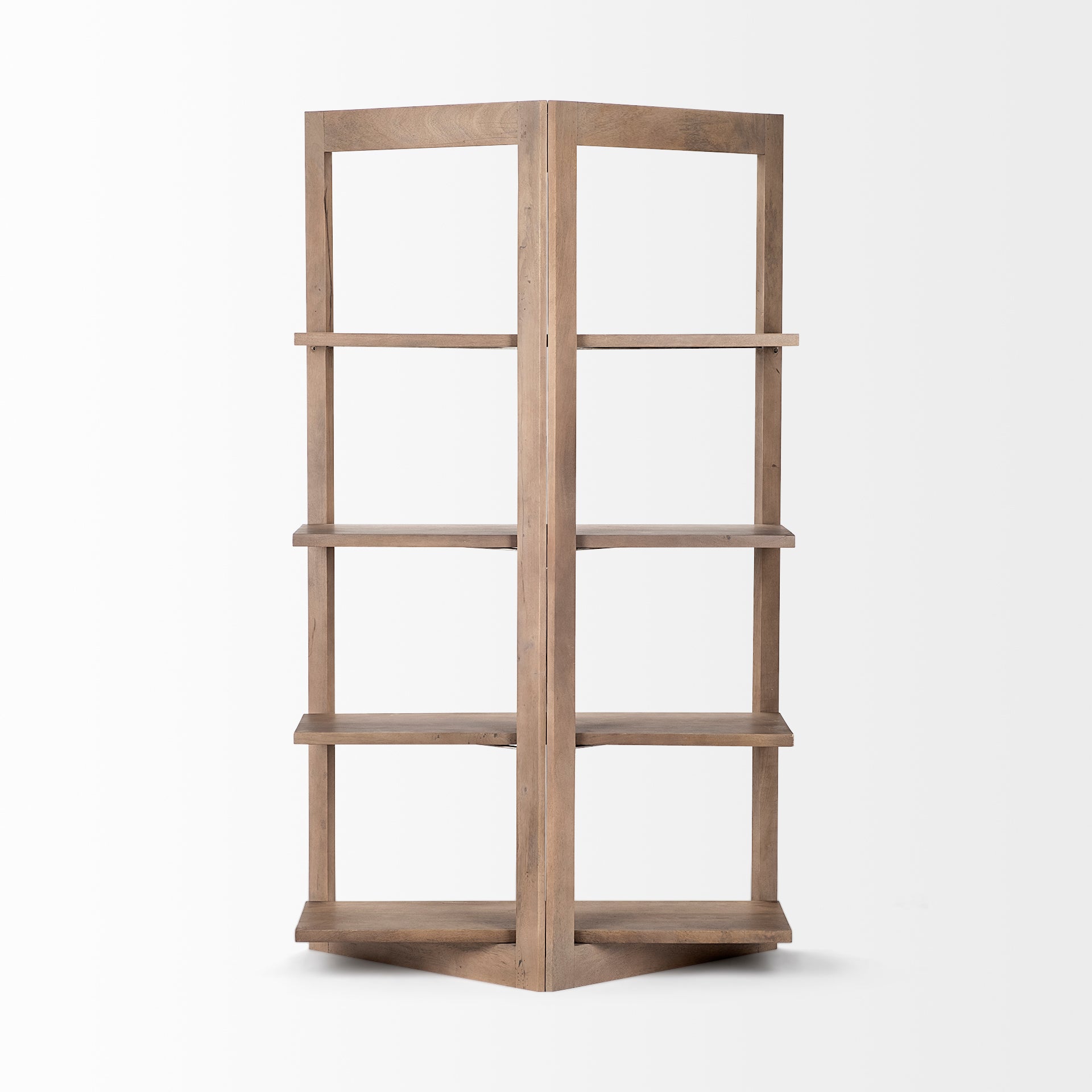 Straight-on front view of the Turnbull I shelving unit in light brown wood featuring a unique V-shaped open frame and four fixed shelves