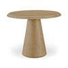 Front view of the Tutto round dining table featuring a light natural wood finish and a minimalist conical pedestal base