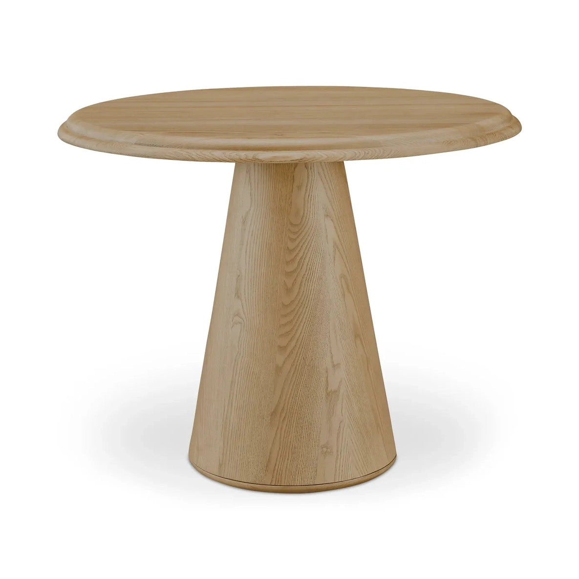 Front view of the Tutto round dining table featuring a light natural wood finish and a minimalist conical pedestal base
