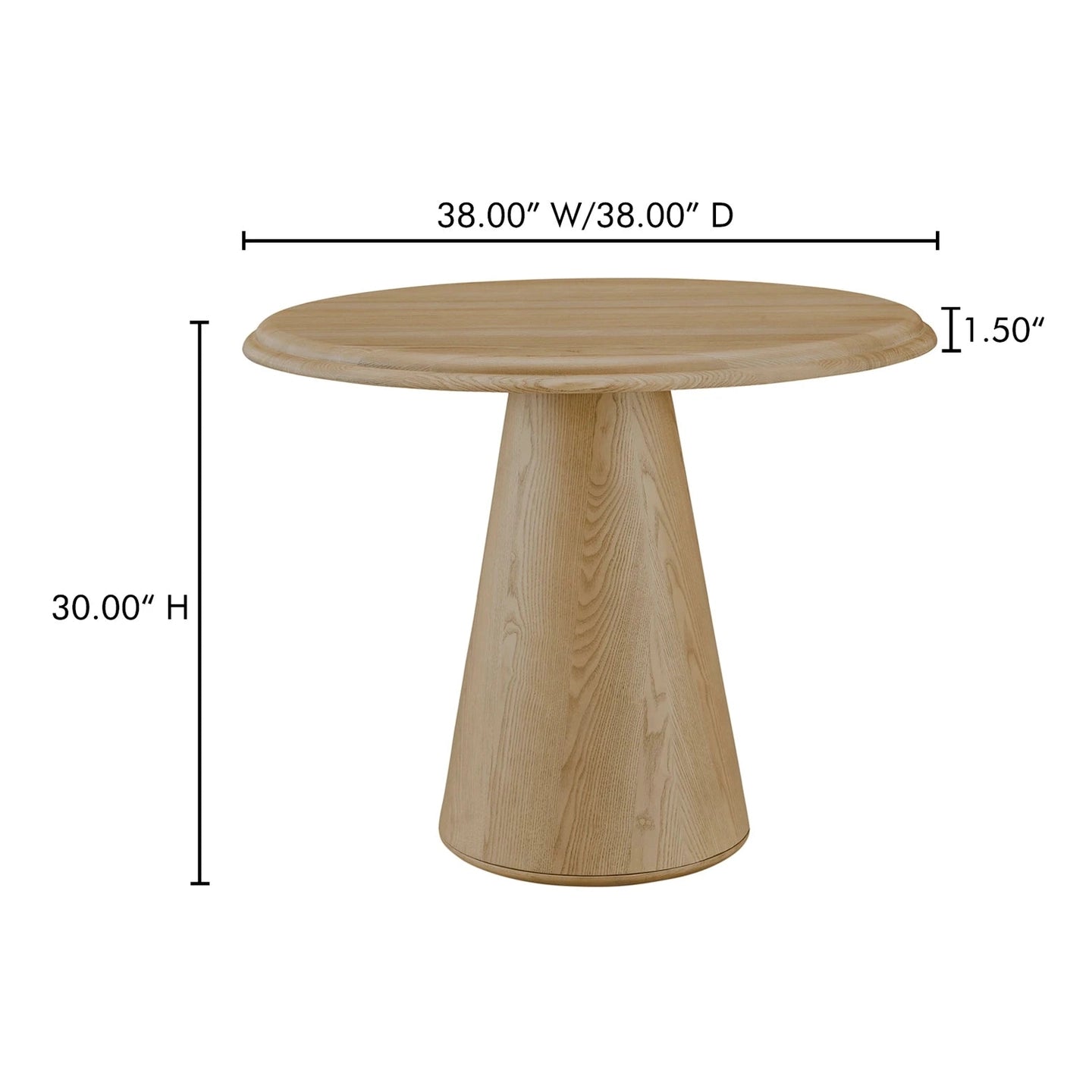 Front view of the Tutto round dining table featuring a light natural wood finish and a minimalist conical pedestal base