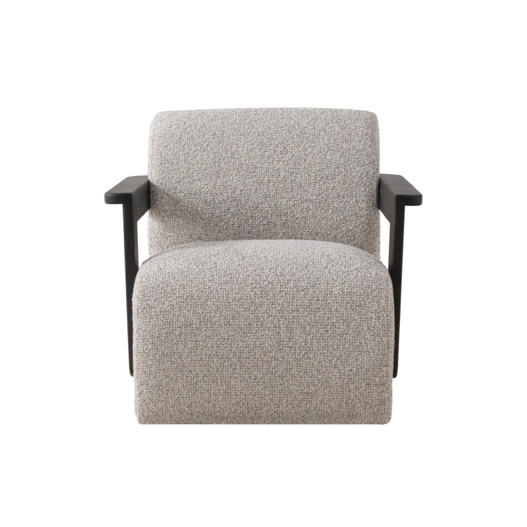 Tyra accent chair in cream fabric with dark wood armrests by Hygge Design House Vancouver