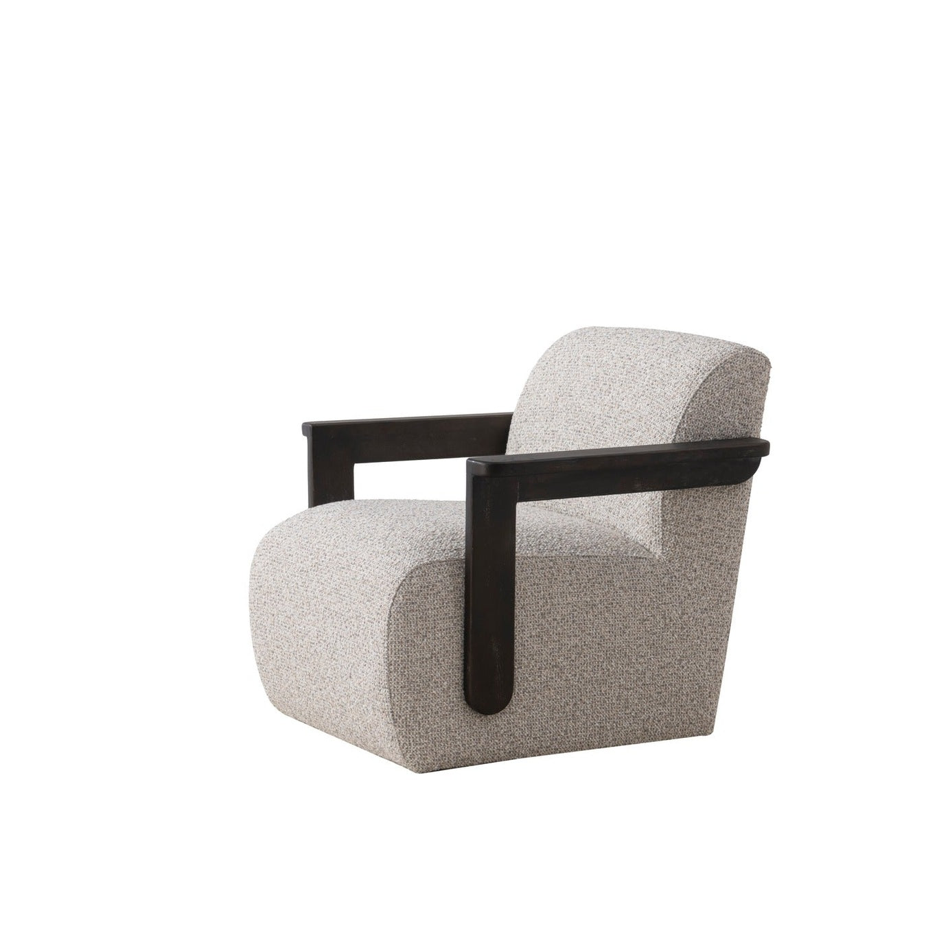 Tyra accent chair in cream fabric with dark wood armrests by Hygge Design House Vancouver