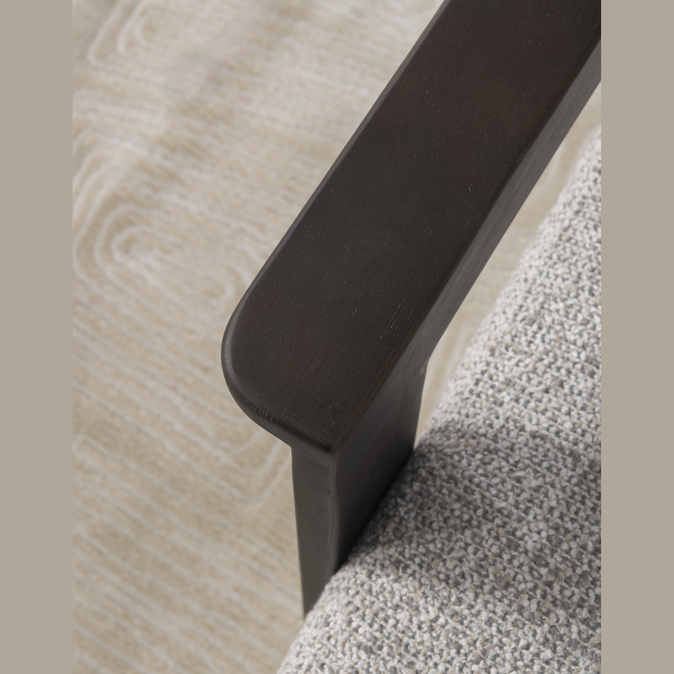 Tyra accent chair in cream fabric with dark wood armrests by Hygge Design House Vancouver