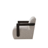 Side view of Tyra upholstered accent chair with minimalist wooden armrests