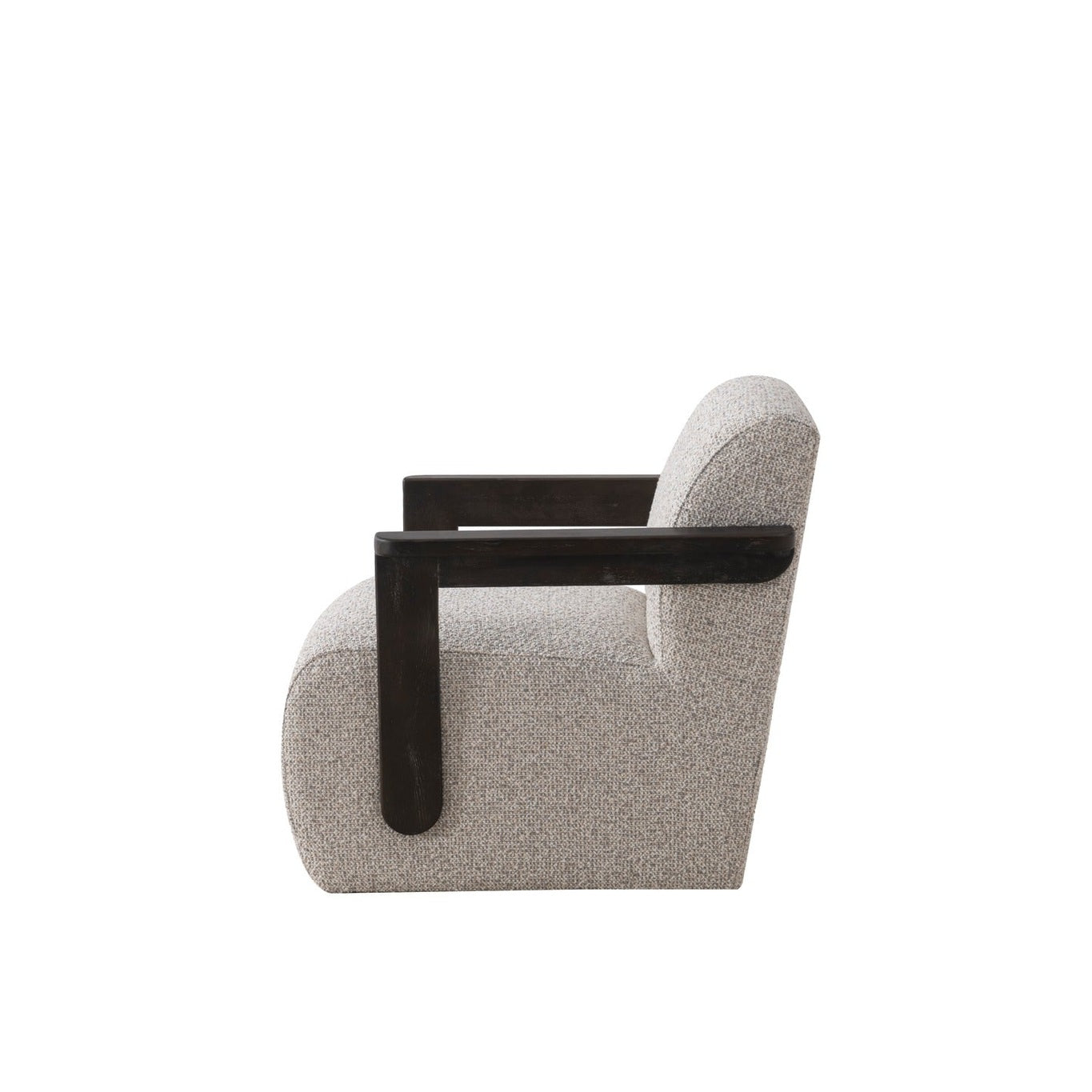 Tyra accent chair in cream fabric with dark wood armrests by Hygge Design House Vancouver