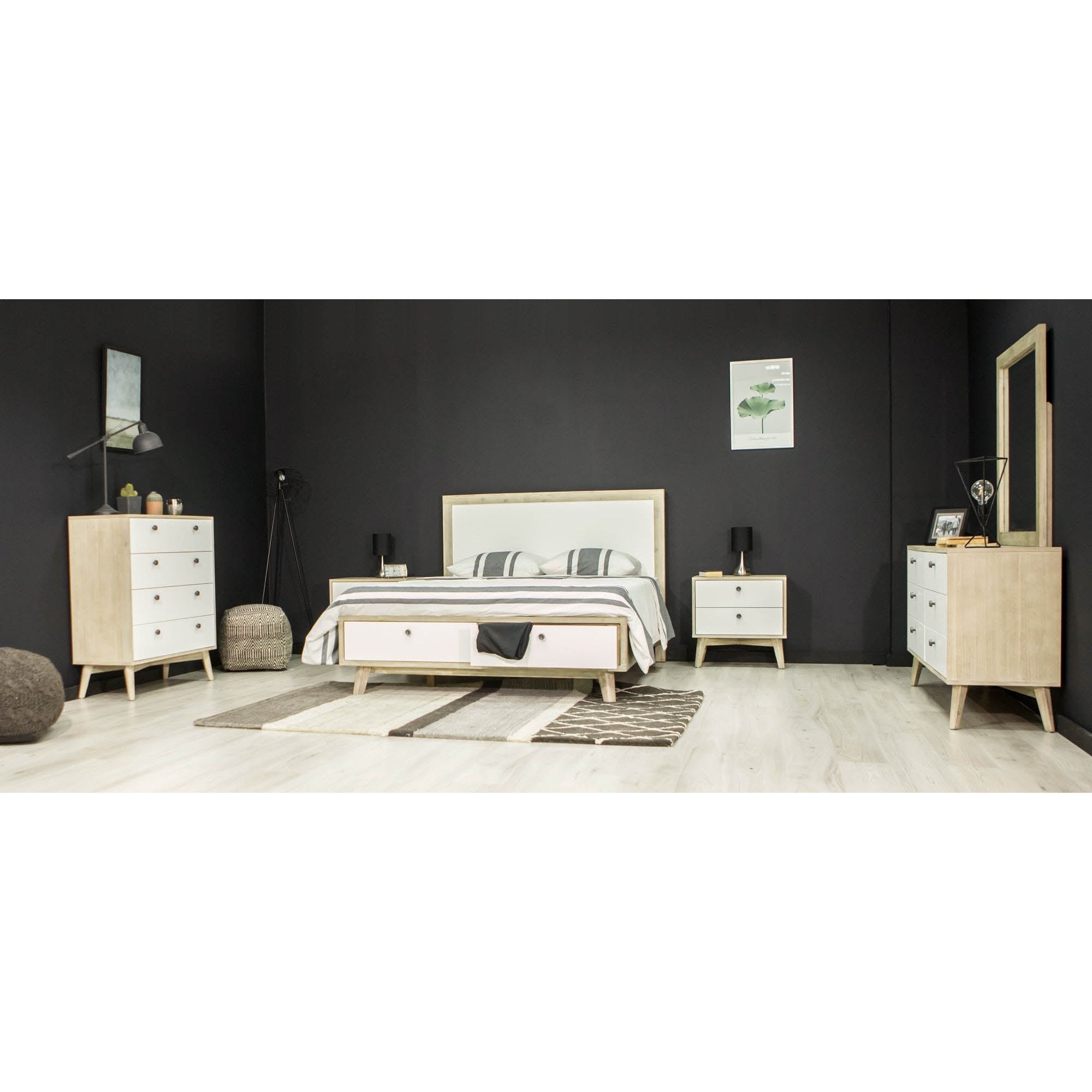 Front view of the Ava king platform bed featuring a tall upholstered headboard in a textured white bouclé fabric