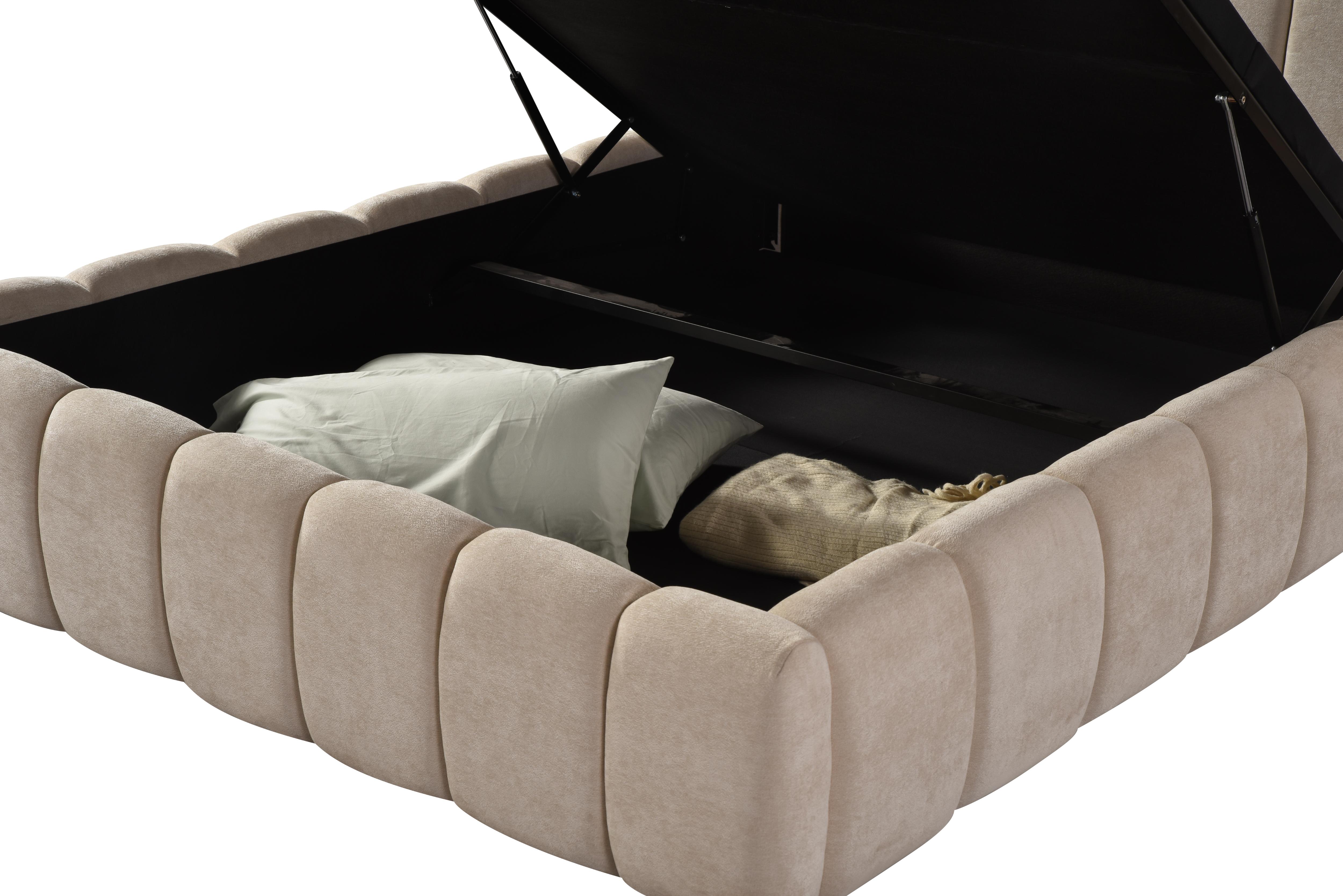 Front view of the Seng upholstered storage bed featuring a cream vertical channel tufted headboard and matching fabric base