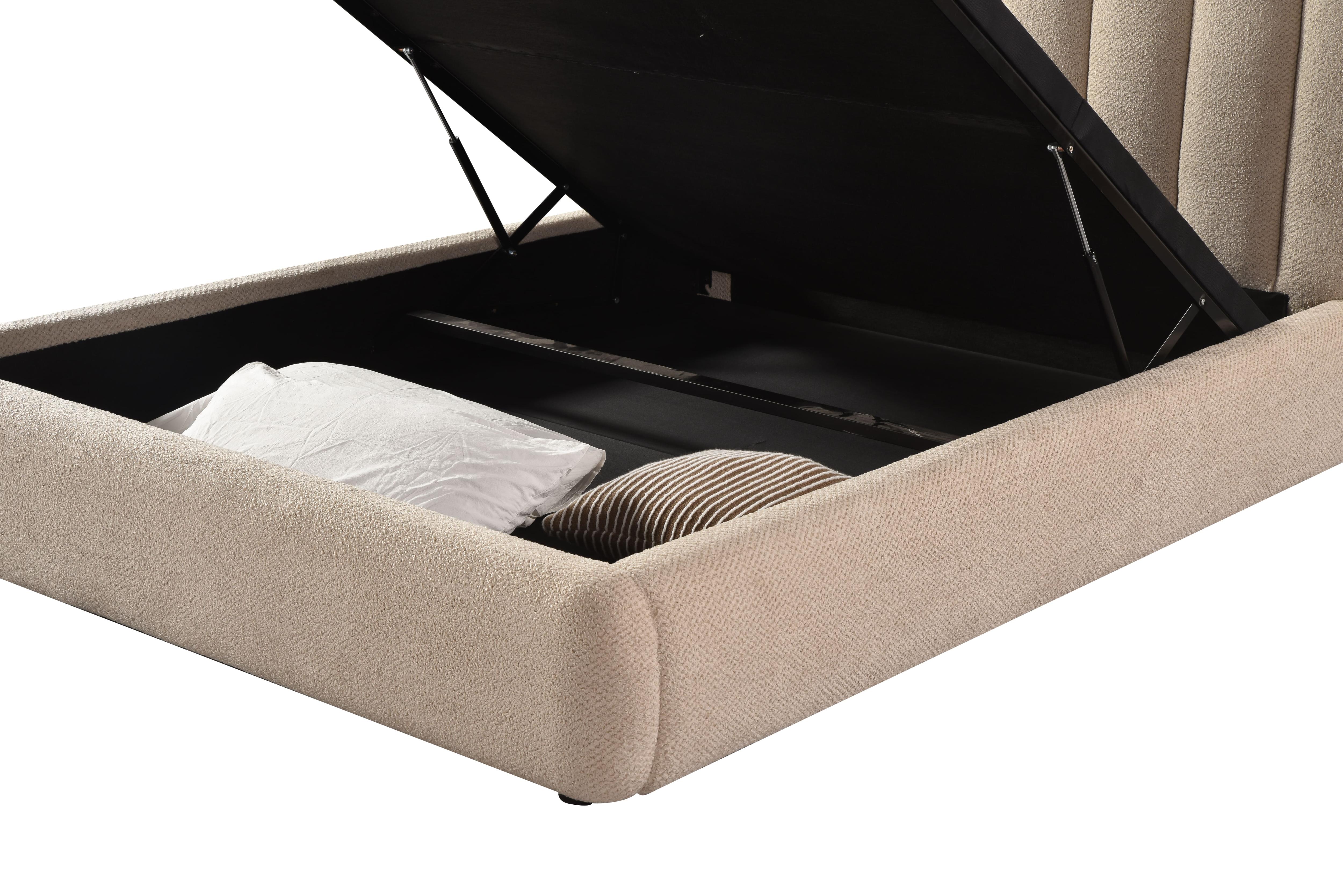 Front view of the Eira upholstered storage bed featuring a cream bouclé finish and a unique curved scalloped headboard