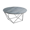 Front view of the Valencia coffee table featuring a circular grey marble top with natural veining and a black matte geometric wire base