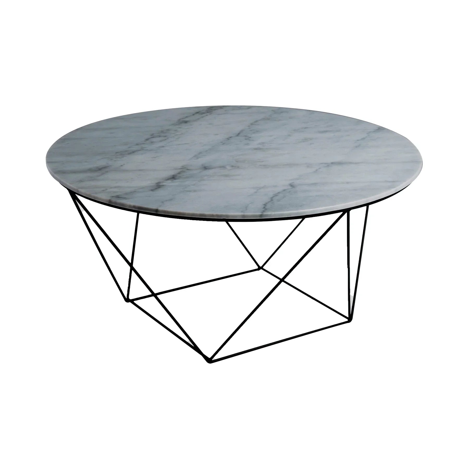 Front view of the Valencia coffee table featuring a circular grey marble top with natural veining and a black matte geometric wire base
