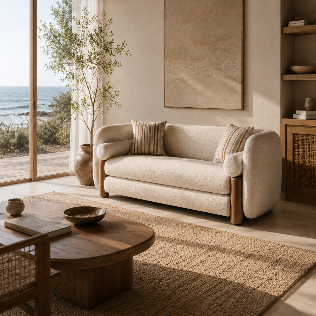 Built on a durable pine wood frame, the seating is cushioned with high-density foam and fully upholstered in soft fabric