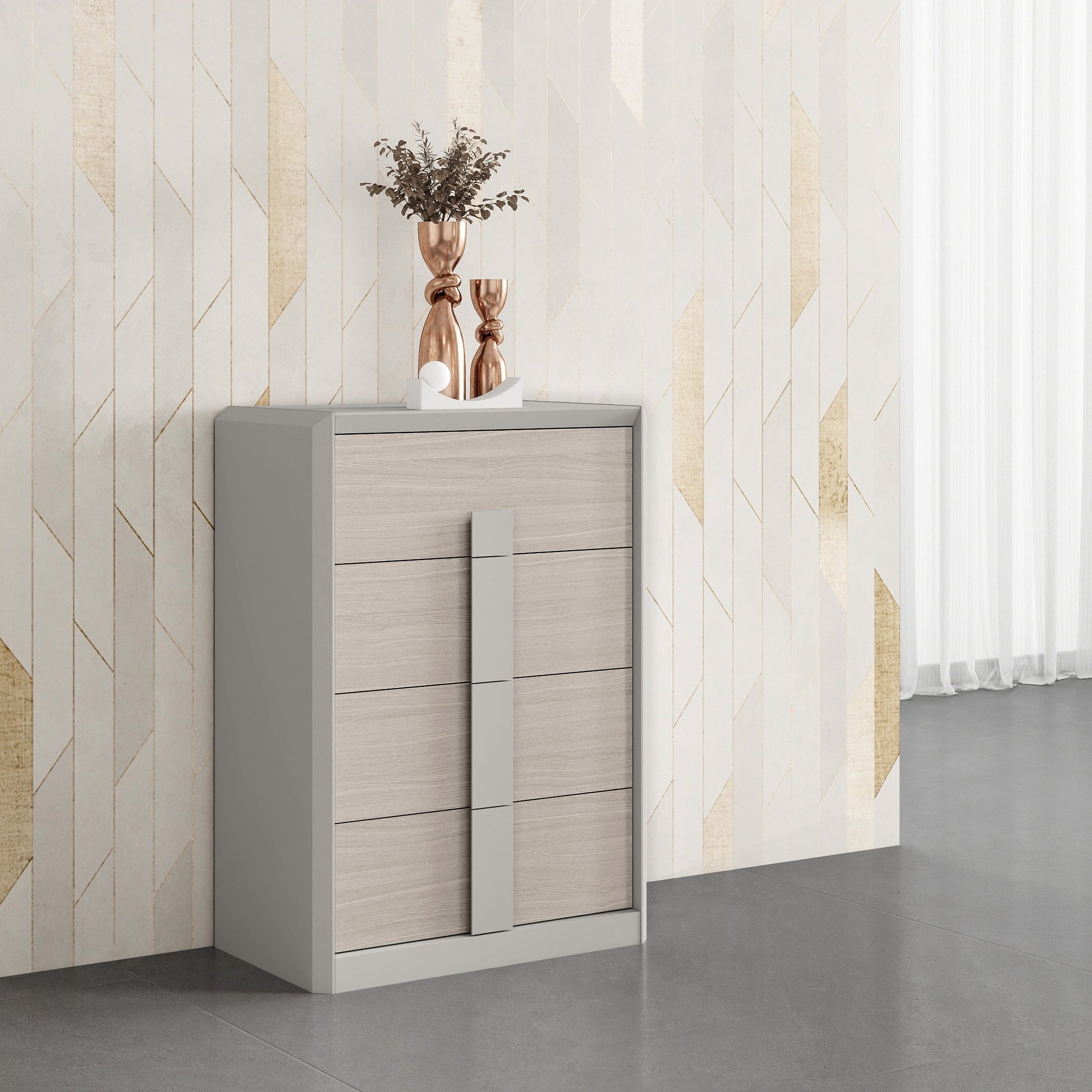 Front view of the Velar 4-drawer chest featuring a light gray oak finish, a sleek gray architectural frame, and integrated vertical handles