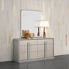 Front view of the Velar 6-drawer double dresser featuring a light gray oak finish, architectural gray frame, and a large matching mirror with integrated LED perimeter lighting