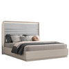 Front view of the Velar storage bed featuring integrated LED headboard lighting and horizontal channel tufted gray upholstery