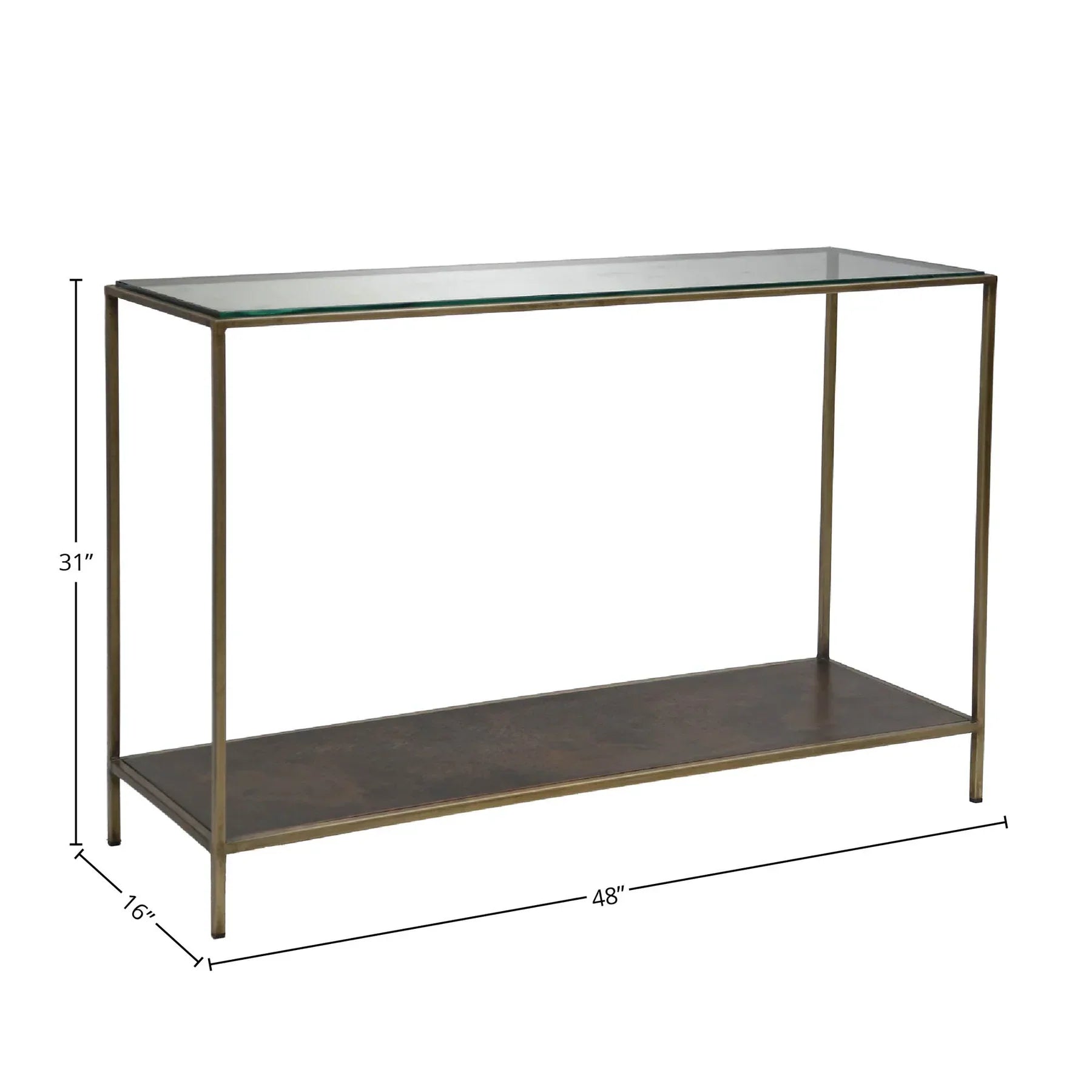 Front view of the Venus console table featuring a tempered glass top, a slim bronze-finished metal frame, and a matching lower storage shelf