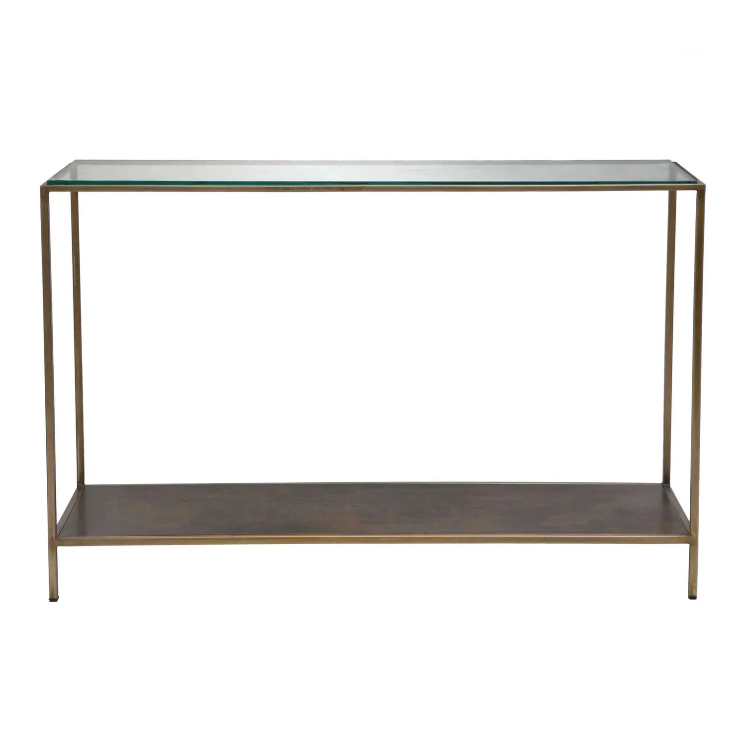 Front view of the Venus console table featuring a tempered glass top, a slim bronze-finished metal frame, and a matching lower storage shelf