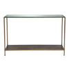 Front view of the Venus console table featuring a tempered glass top, a slim bronze-finished metal frame, and a matching lower storage shelf