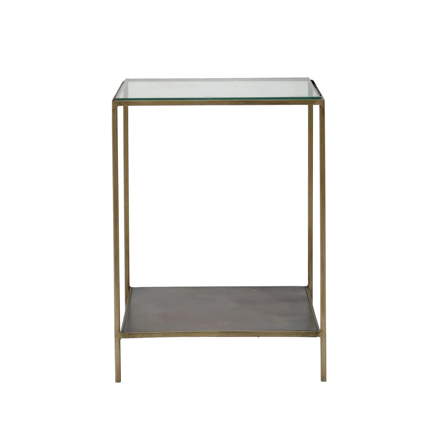 Three-quarter view of the Venus side table featuring a clear square glass top and a minimalist antique brass frame with a solid lower shelf