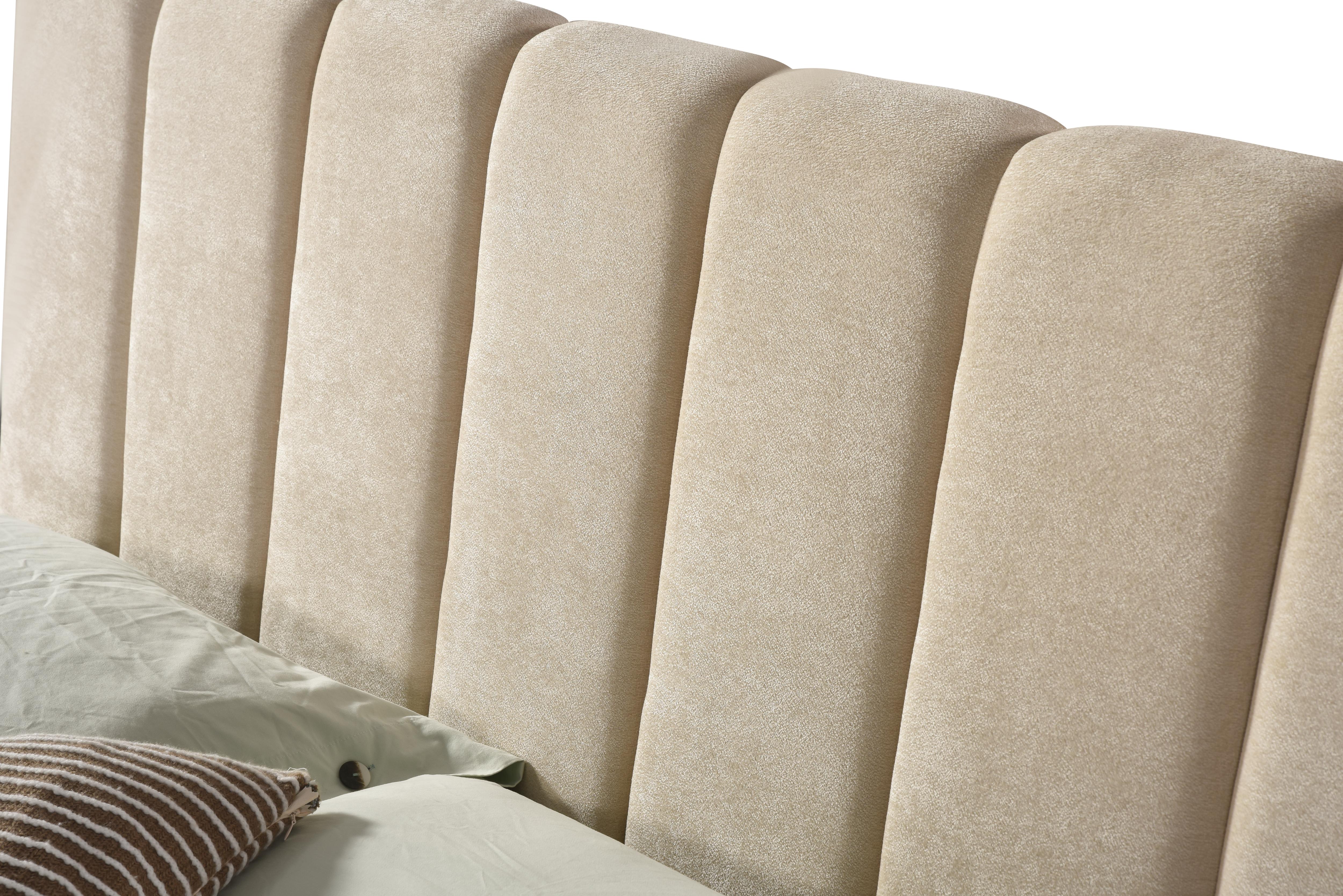 Front view of the Seng upholstered storage bed featuring a cream vertical channel tufted headboard and matching fabric base