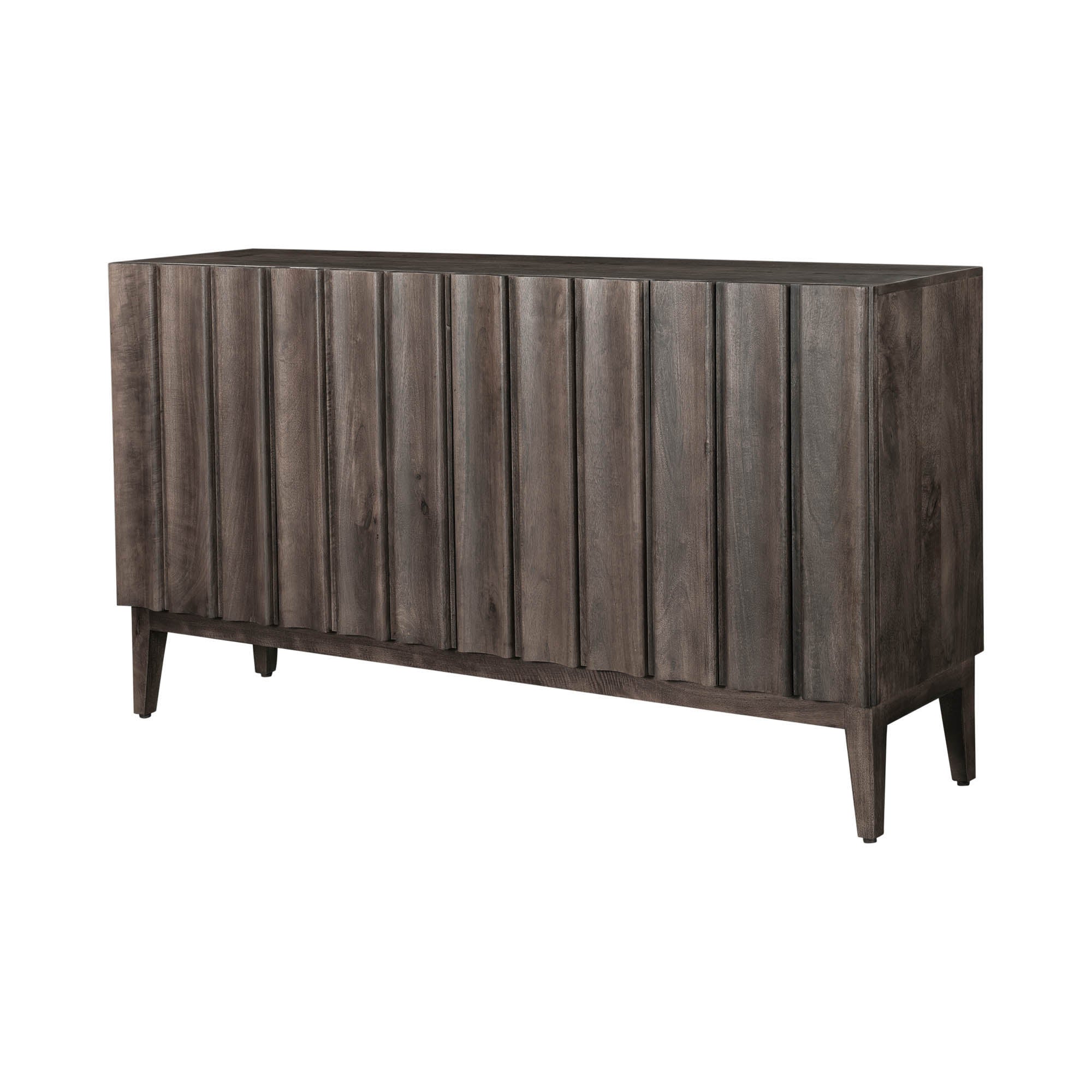 Straight-on front view highlighting the symmetrical vertical fluting and the seamless hardware-free aesthetic of the dark wood cabinet