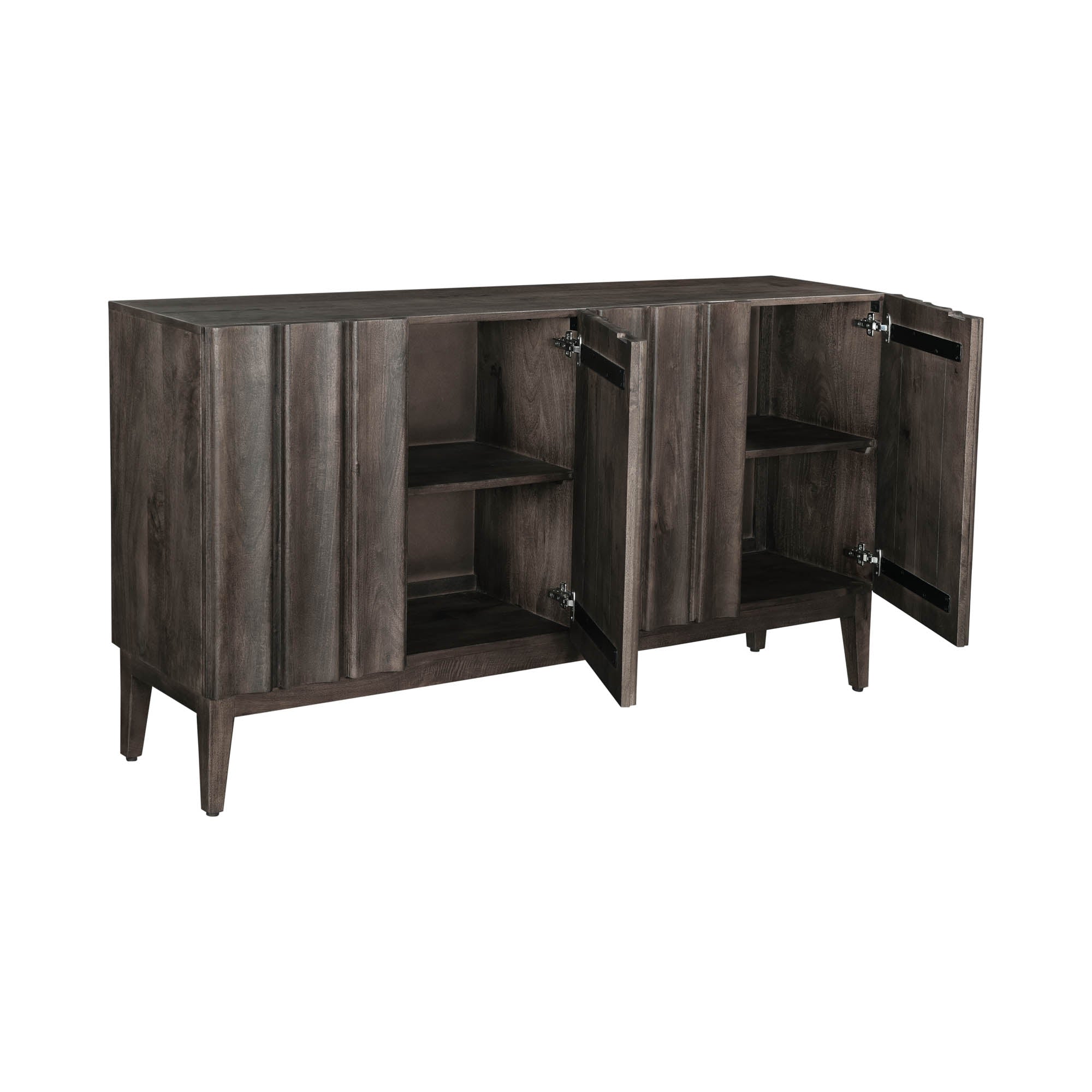 Straight-on front view highlighting the symmetrical vertical fluting and the seamless hardware-free aesthetic of the dark wood cabinet
