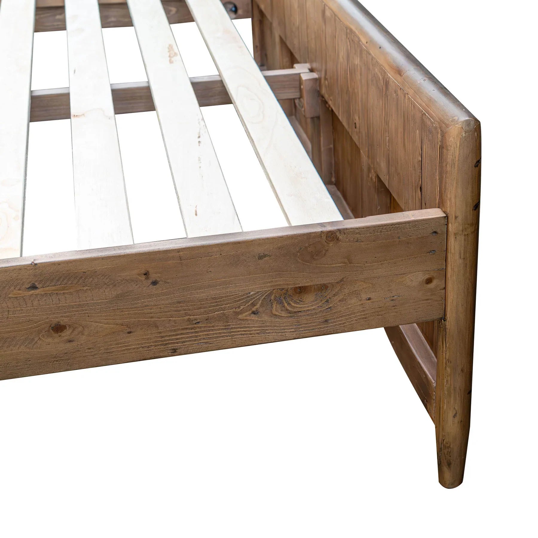 Front view of the Ava king platform bed featuring a tall upholstered headboard in a textured white bouclé fabric