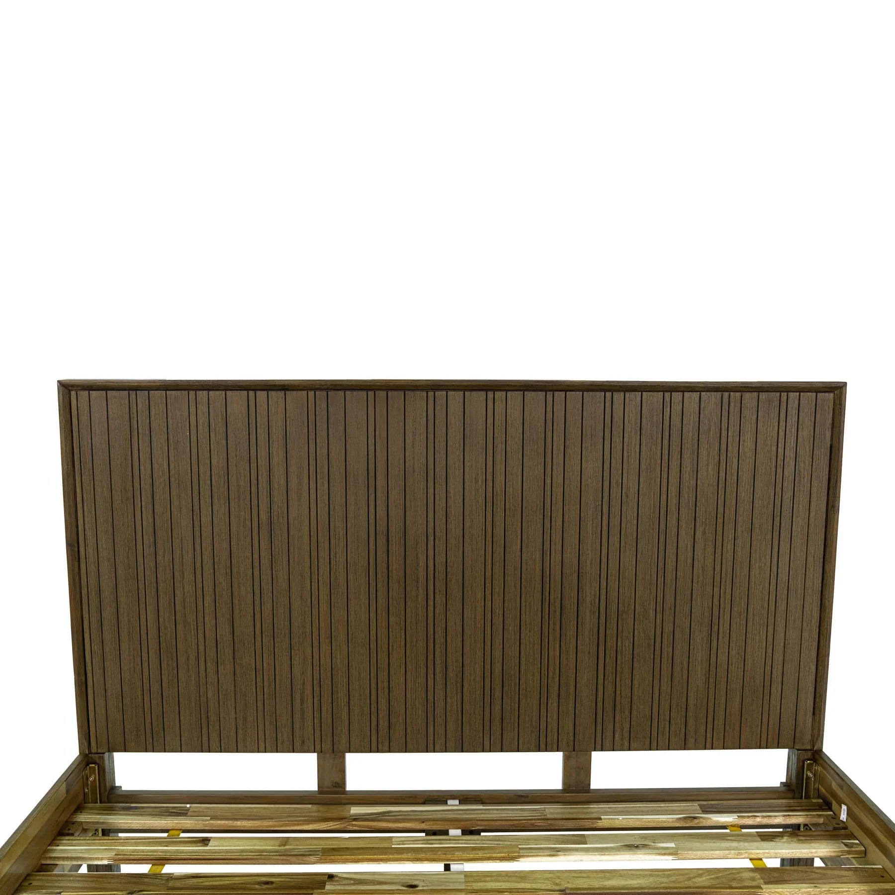 Front view of the West king platform bed featuring a tall vertical slatted wood headboard in a rich walnut finish