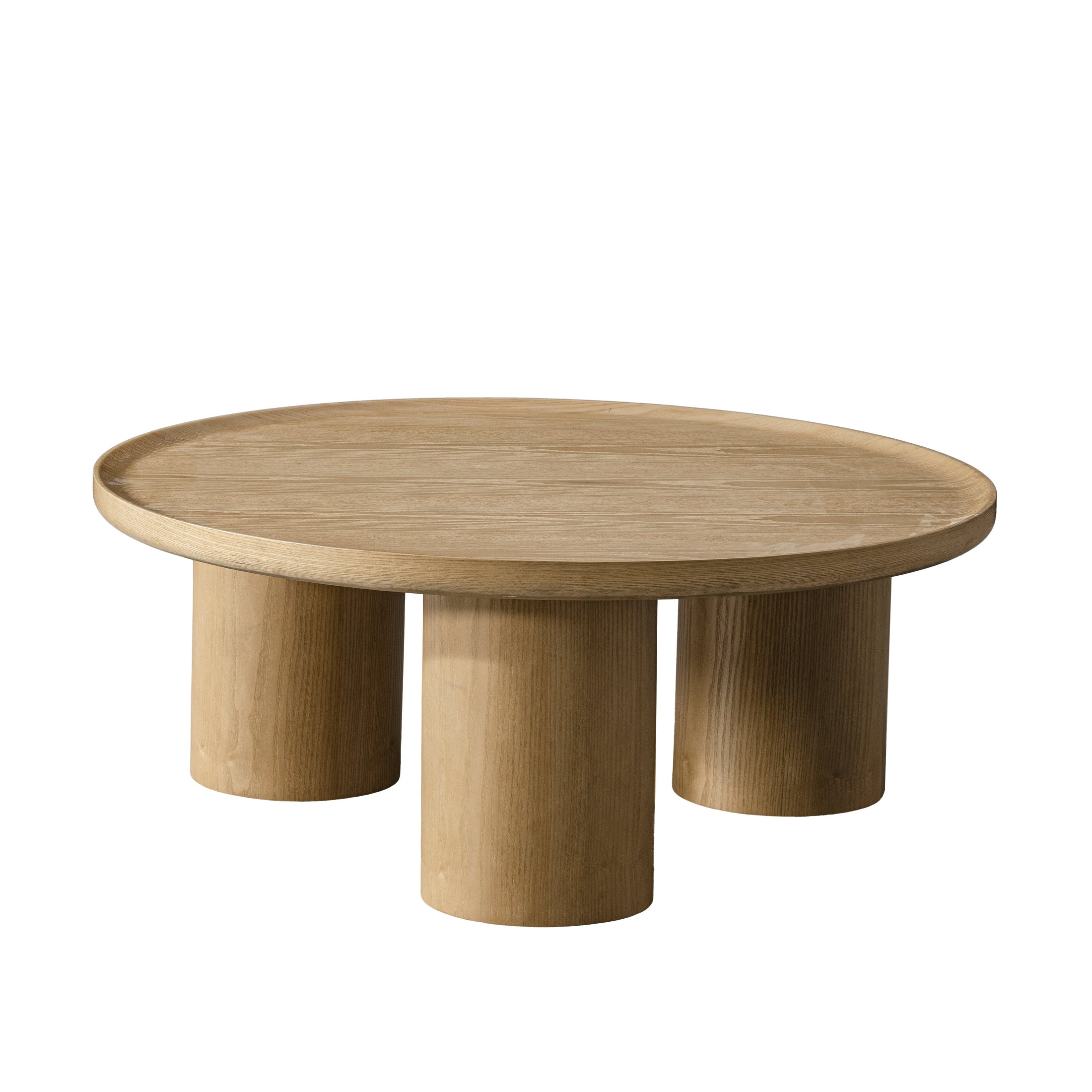 Front view of the Viggo round coffee table featuring a natural wood finish and three chunky cylindrical pedestal legs