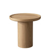 Front view of the Viggo side table in natural ash wood featuring a circular tray-style top on a solid cylindrical pedestal base